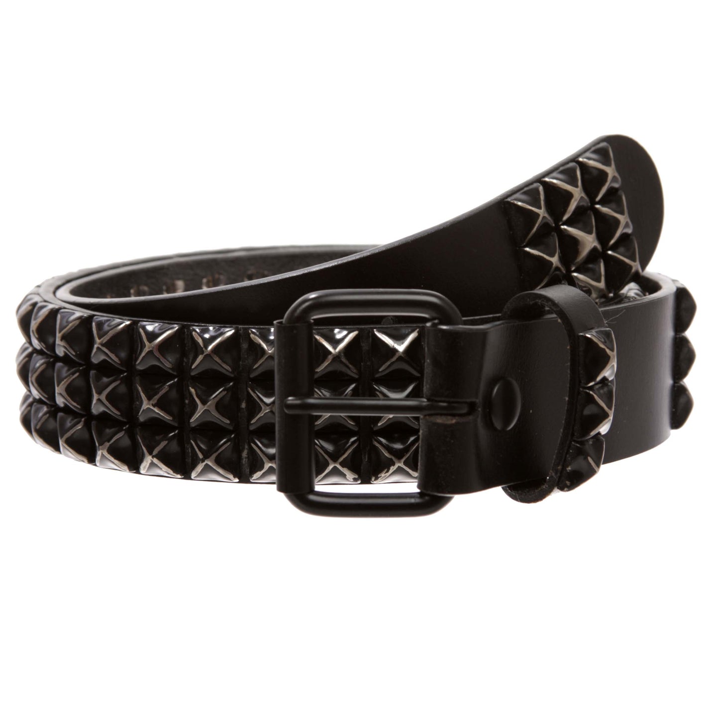 1 1/2" Snap On Three Row Punk Rock Star Metal Studded Cowhide Leather Belt