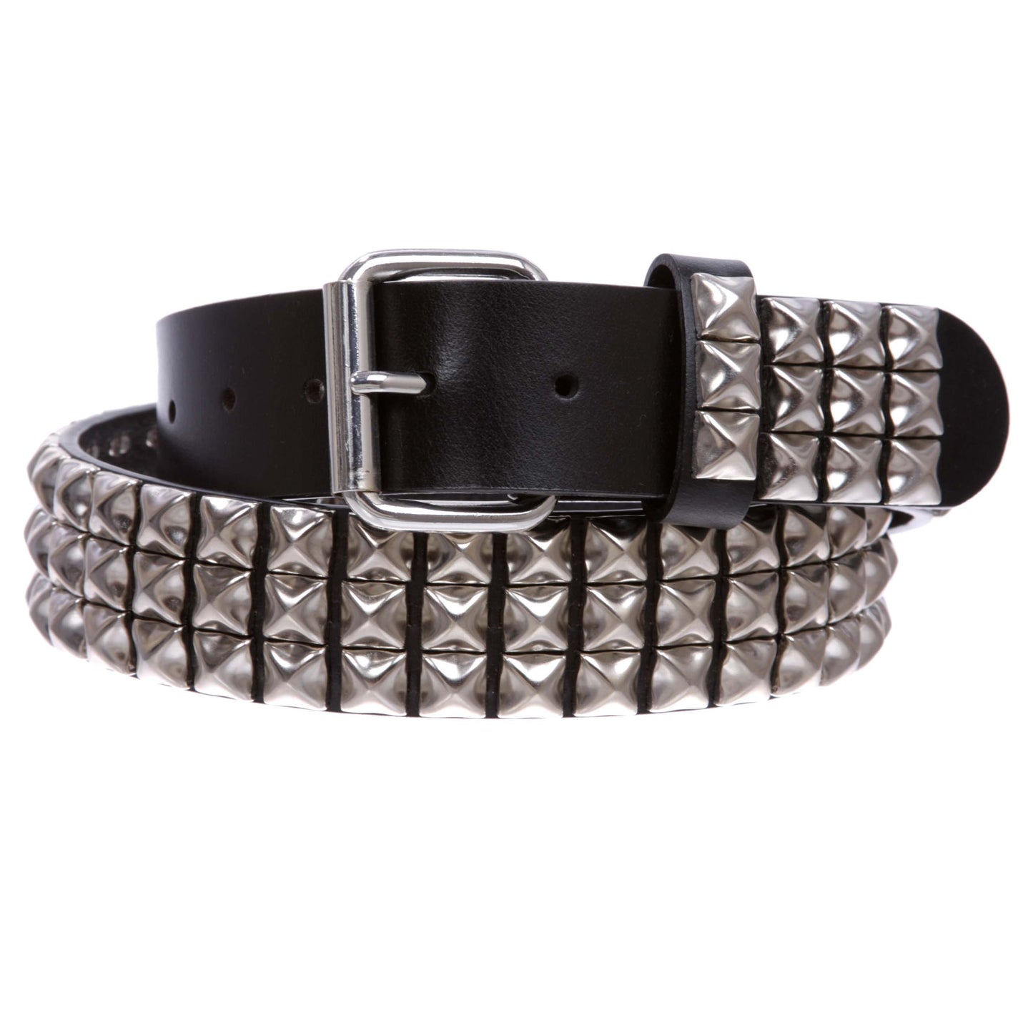 1 1/2" Snap On Three Row Punk Rock Star Metal Studded Cowhide Leather Belt