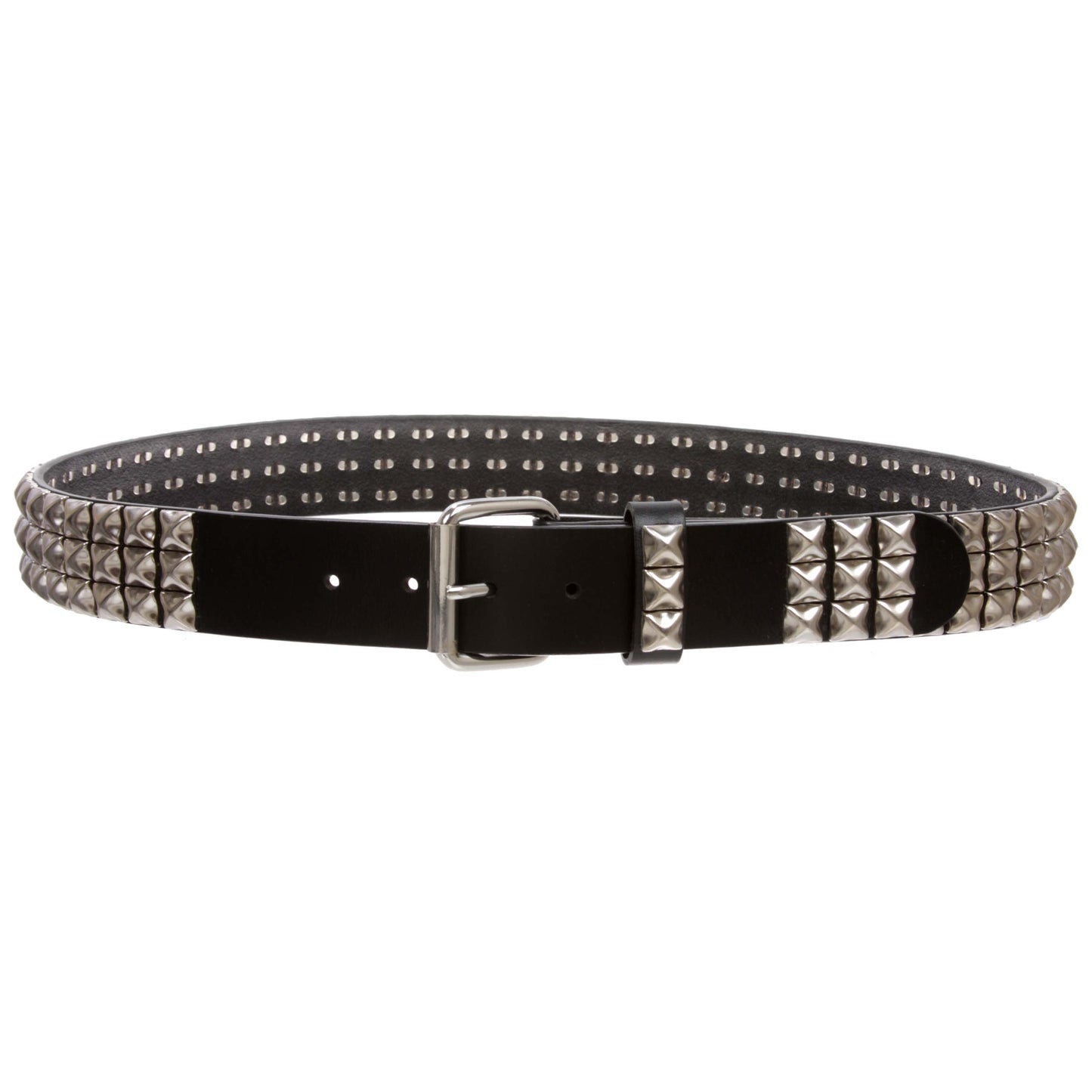 1 1/2" Snap On Three Row Punk Rock Star Metal Studded Cowhide Leather Belt