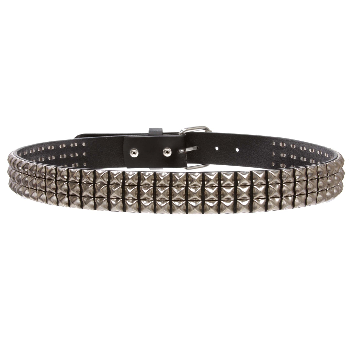1 1/2" Snap On Three Row Punk Rock Star Metal Studded Cowhide Leather Belt