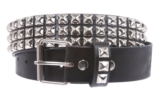 Snap On Three Row Punk Rock Star Metal Silver Studded Full Grain Cowhide Leather Belt