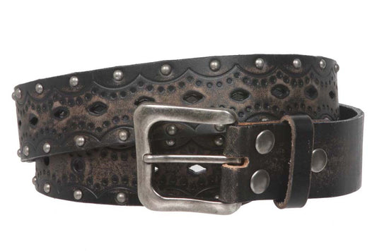 1 1/2" Snap on Perforated Studded Vintage Embossed Solid Leather Jean Belt