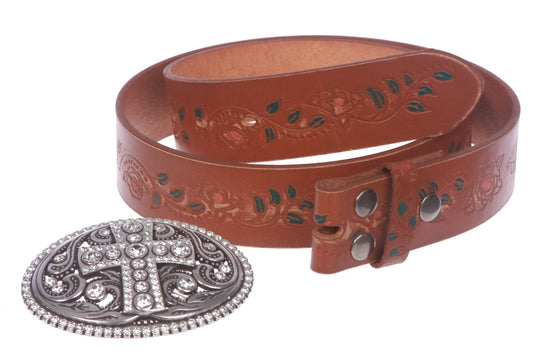 Snap On Floral Tree Embossed Full Grain Leather Rhinestone Cross Bling Belt