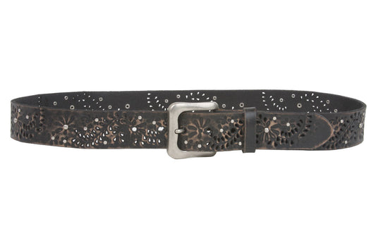 Snap On Vintage Cowhide Full Grain Leather Floral Rivet Perforated Casual Belt
