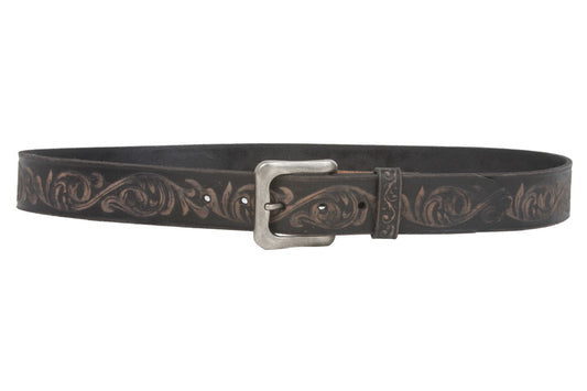 Snap On Soft Hand Floral Embossed Vintage Cowhide Full Grain Leather Casual Belt