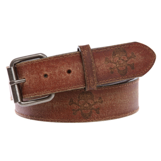 Snap On Vintage Stitching Distressed Embossed Skull Cross Bones Leather Belt