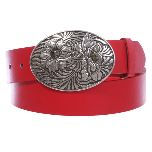 1 1/2" Snap On Oval Sunflower Engraving Buckle With Leather Belt