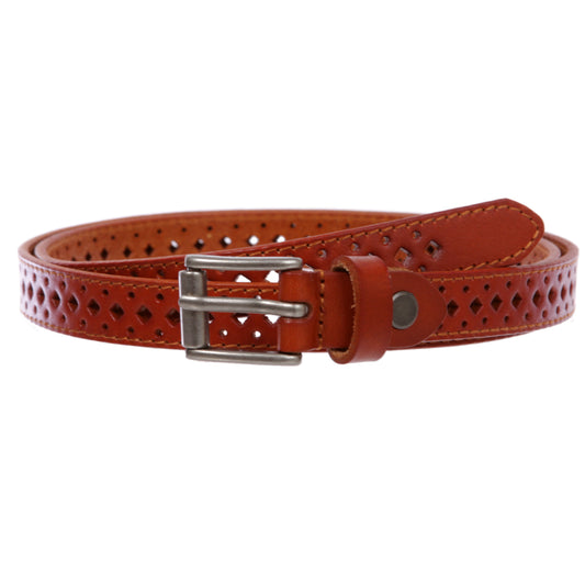 Women's 3/4" (17 mm) Full Grain Leather Perforated Skinny Stitched-Edge Belt