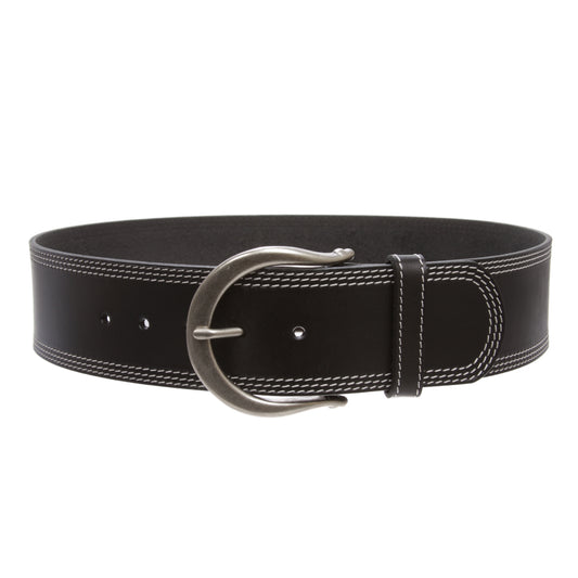 Womens Wide Fashion Leather Belt with Crescent Buckle and Triple Stitch