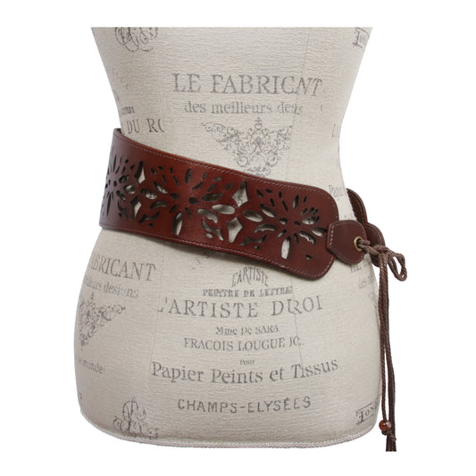 Leather Corset Belt with Floral Cutout - Lace-Up Front or Back Styling