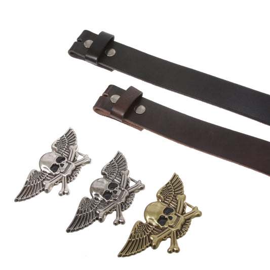 Winged Skull Zinc Alloy Belt Buckle on 1.5" Snap-On Leather Strap