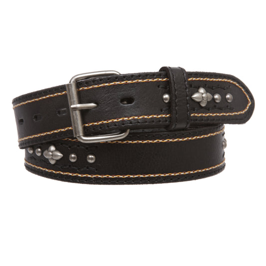 Full Grain Leather Studded Roller Buckle Belt - 1.5" Wide Snap-On