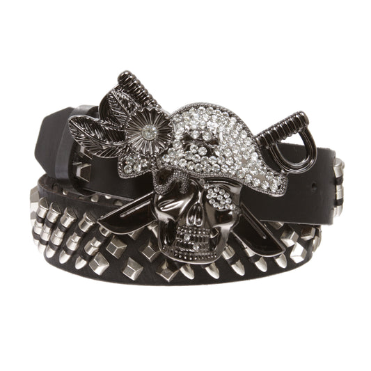 Men‘s Skull Pirate Buckle Belt - Solid Cowhide Leather with Synthetic Bullet Studs & Removable Buckle