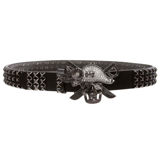 Men’s Pirate Skull Buckle Cowhide Leather Belt with 3-Row Distressed Pyramid Studs