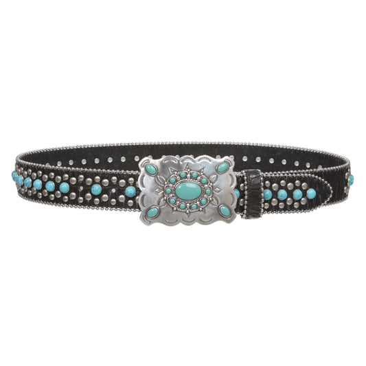 Western Concho Belt with Turquoise Stones and Removable Buckle - 1 1/2" Wide