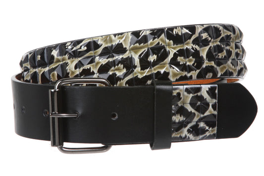 Snap On 1 1/2" Leopard Print Checkerboard Punk Rock Studded Belt