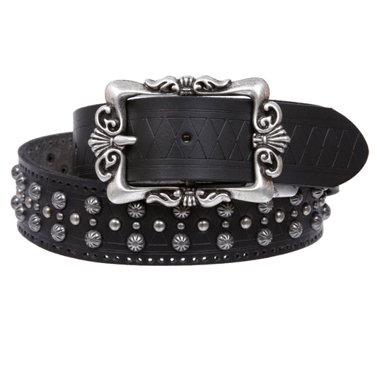 Womens Western Embossed Riveted Nail Head Studded Leather Belt