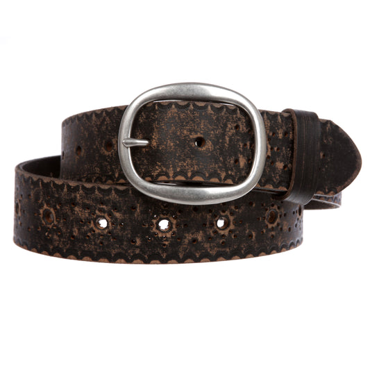 Snap on Flower Embossed Vintage Full Grain Oval Leather Jean Belt