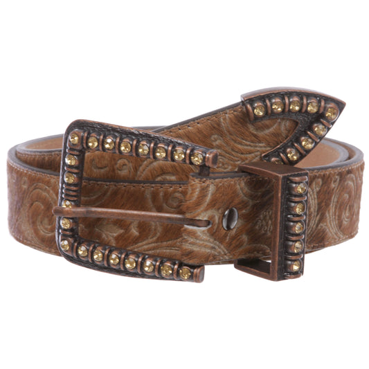 Women's Western Cowgirl Rhinestone Genuine Leather Faux Animal Fur Belt
