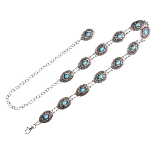 Women's Western Oval Turquoise Stone Concho Skinny Chain Belt