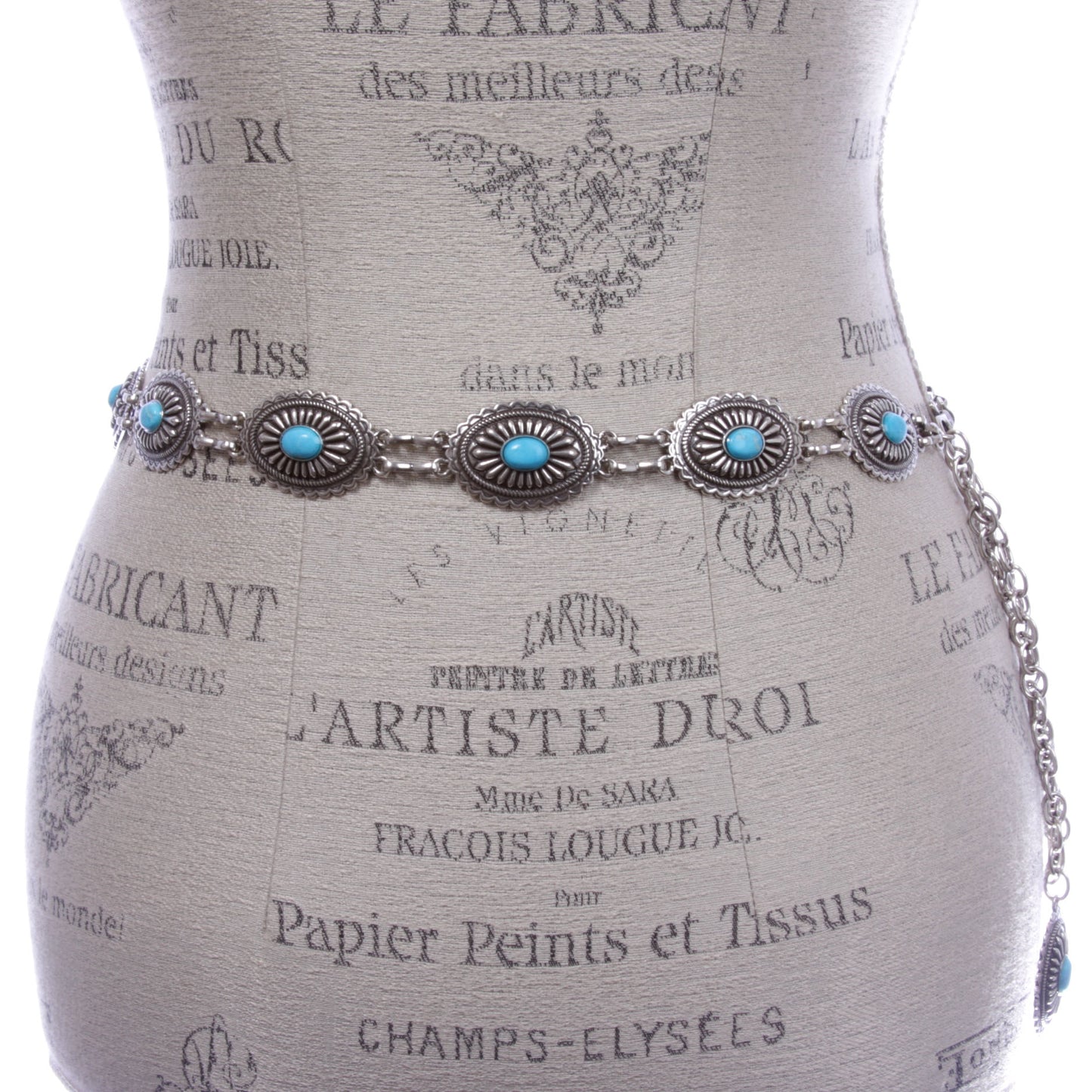Women's Western Oval Turquoise Stone Concho Skinny Chain Belt