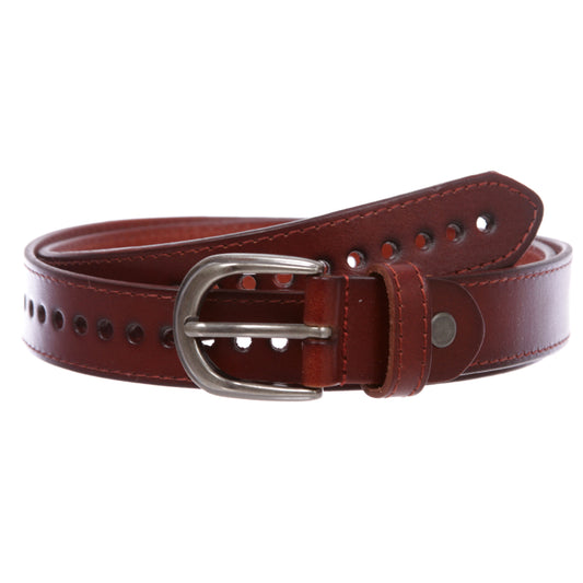 Women's 1 1/8" (28 mm) Perforated Full Grain Leather Edge Stitch Casual Belt