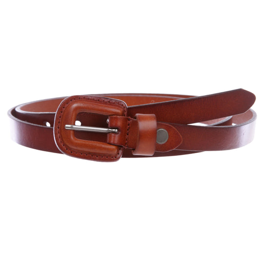 Women's 5/8" (18 mm) Self Covered Skinny Plain Solid Real Leather Dress Belt