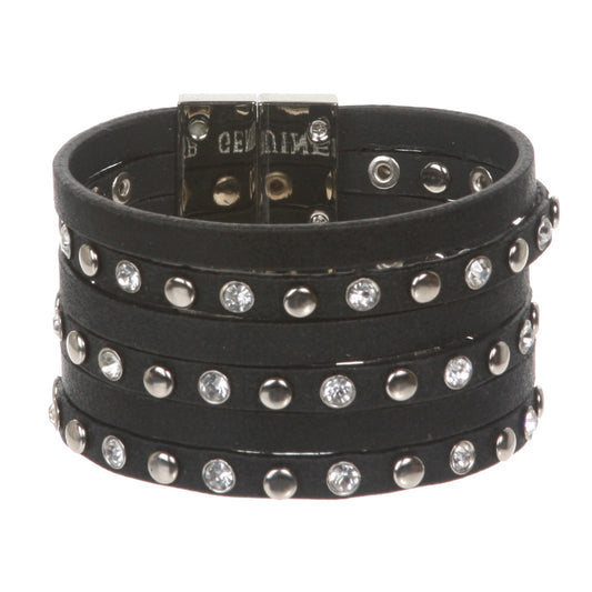 1 1/2" (4.0 cm) Rhinestone Studded Leather Strand Magnet Cuff Bracelet