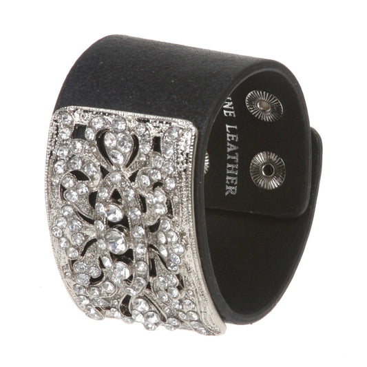 1 3/4" (4.5 cm) Rhinestone Black Leather Wristband Bracelet