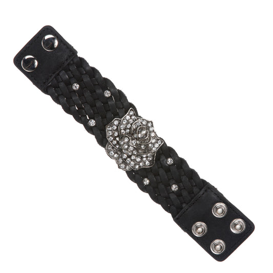 1 1/2" (4 cm) Vintage Braided Rhinestone Rose Woven Leather Cuff Bracelet