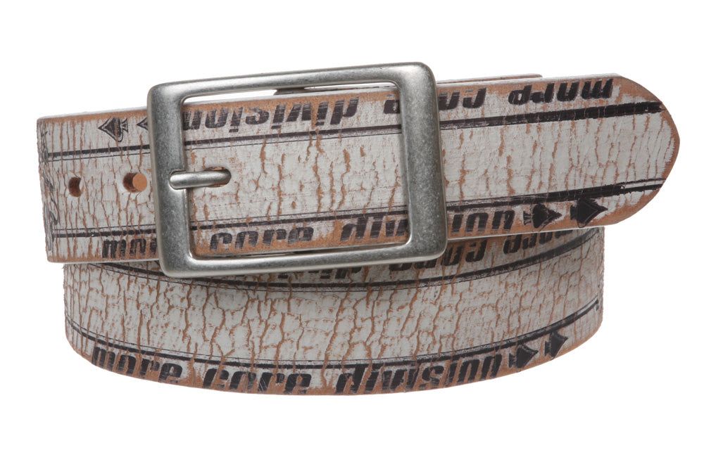 1 1/2" Wide Genuine Vintage Crack Print Distressed Leather Belt w/ Rectangular Buckle