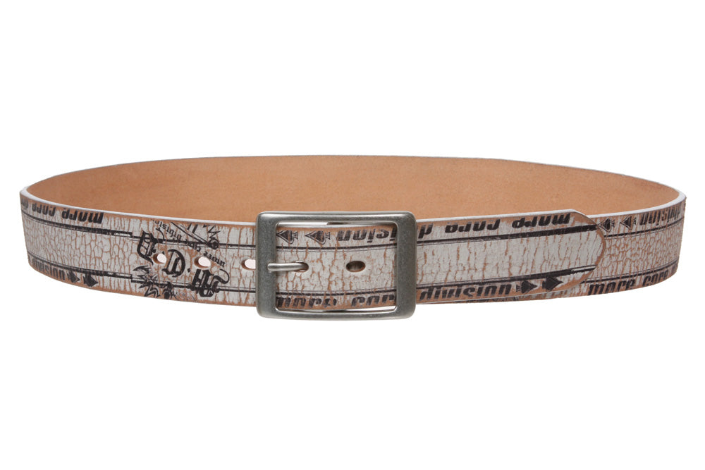 1 1/2" Wide Genuine Vintage Crack Print Distressed Leather Belt w/ Rectangular Buckle