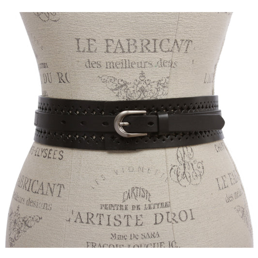 Women‘s Vintage Cowhide Leather Cutout Waist Belt with Skinny 3/4" Strap - 2 1/4" Wide