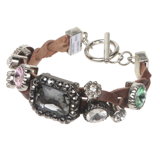 Braided Leather Strand Rhinestone Charms Bracelet