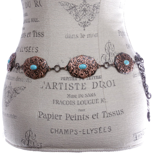 Women's Western Turquoise Blue Stone Oval Concho Chain Belt