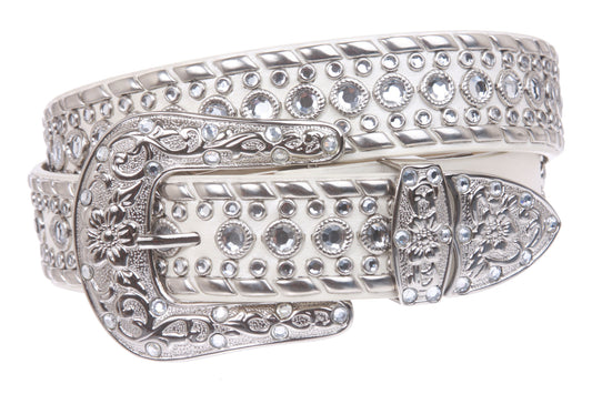 Western Rhinestone Silver Studded Leather Belt