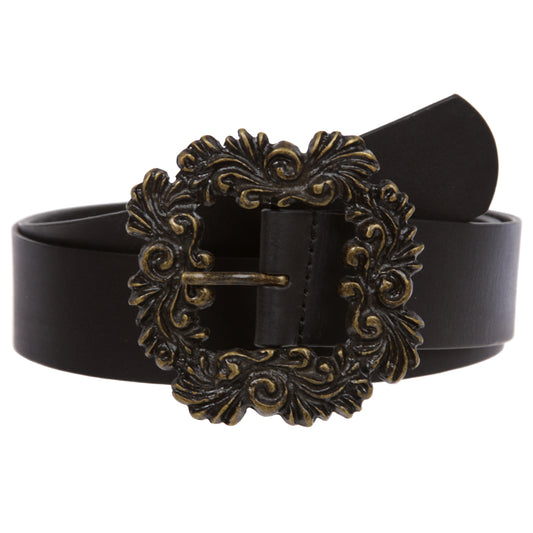 Women's 1 1/2" Wide High Waist Cow Leather Belt With Engraving Brass Buckle