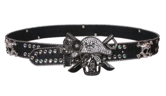 Western Rhinestone Pirate Skull Cross Bone Genuine Leather Belt
