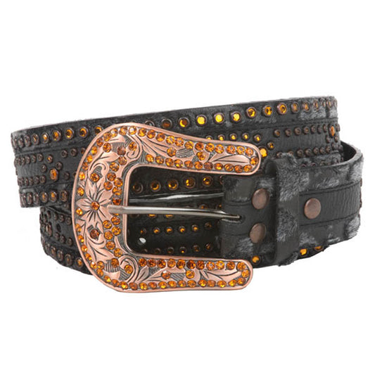 Western Topaz Rhinestone Faux Fur Genuine Leather Belt