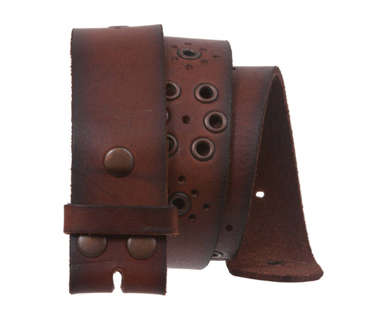 Snap On Vintage Grommets Perforated Full Grain Leather Belt Strap