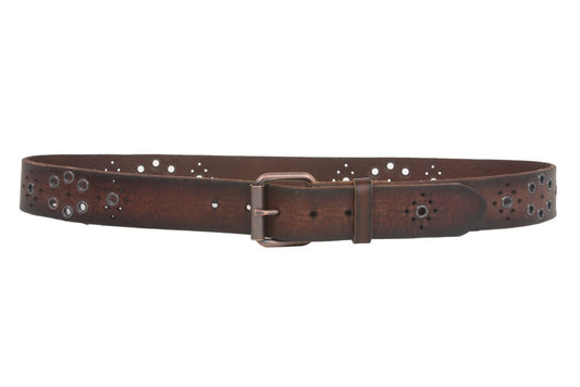 Snap On Oil Tanned Rustic Full Grain Leather Belt With Grommets Detailing