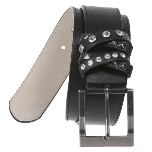 Women's Stitch Leather Jean Belt With Rhinestone Loop Detail