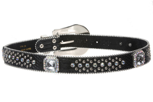 Snap on Rhinestone Square Ornaments Alligator Print Genuine Leather Belt