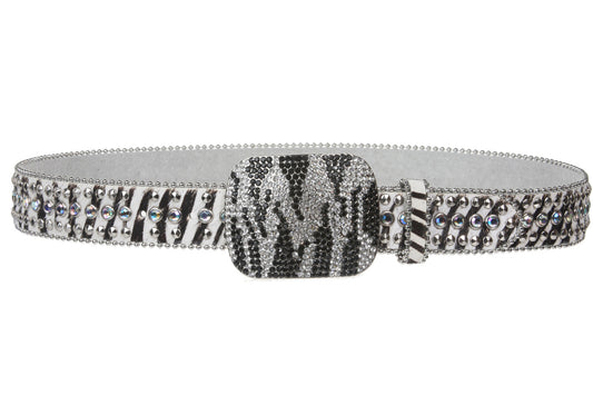 Faux Animal Print Genuine Leather Studded Belt with Crystal Buckle