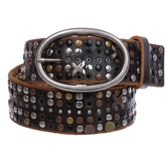 Snap on Beveled edged Vintage Retro Top Grain Cowhide Studded Leather Belt