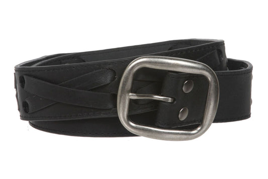 1 1/2" Snap on Antique Silver Studded Cross Strap Leather Jean Belt