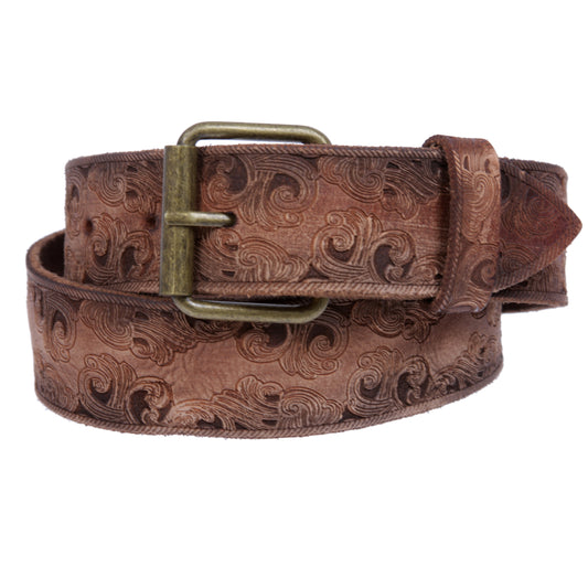 Snap On Soft Hand Floral Embossed Vintage Cowhide Full Grain Leather Casual Jean Belt