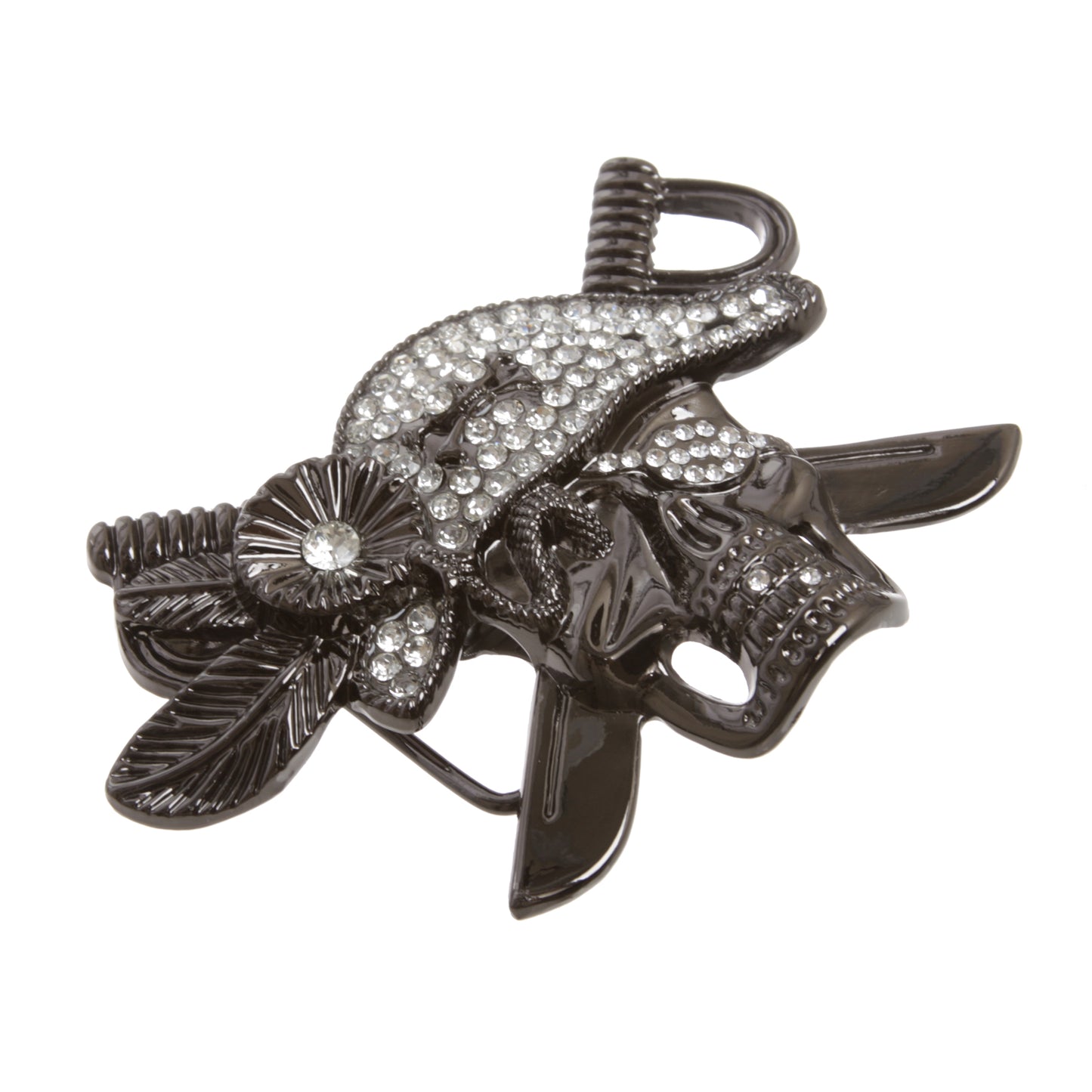 Gunmetal Pirate Skull Rhinestone Belt Buckle, 4.75"x3.25"