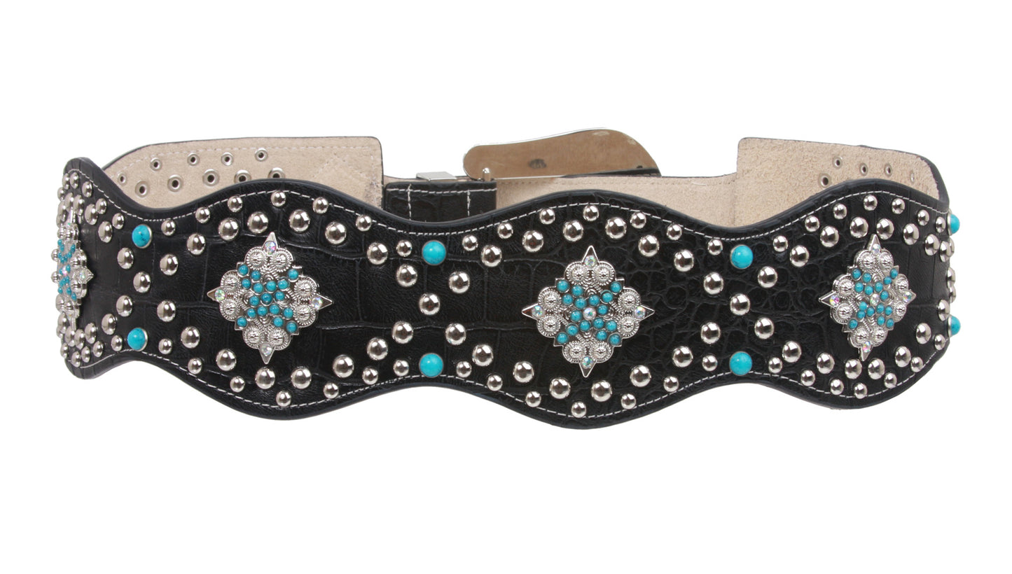Women's High Waist Alligator Cowgirl Rhinestone Turguoise Leather Belt
