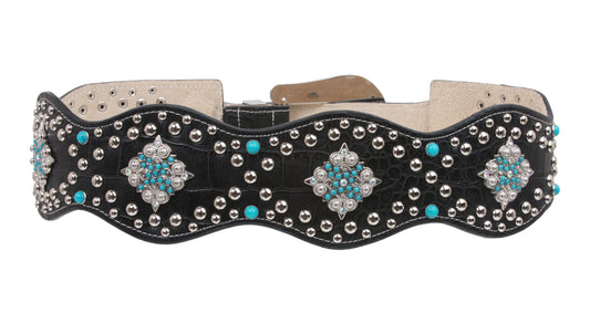 Women's High Waist Alligator Cowgirl Rhinestone Turguoise Leather Belt